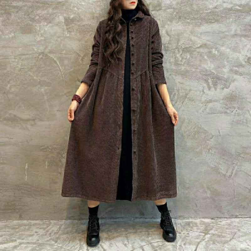 Retro Artistic Corduroy Women's Dust Coat Spring Long Below The Knee Outer Wear Corduroy Loose