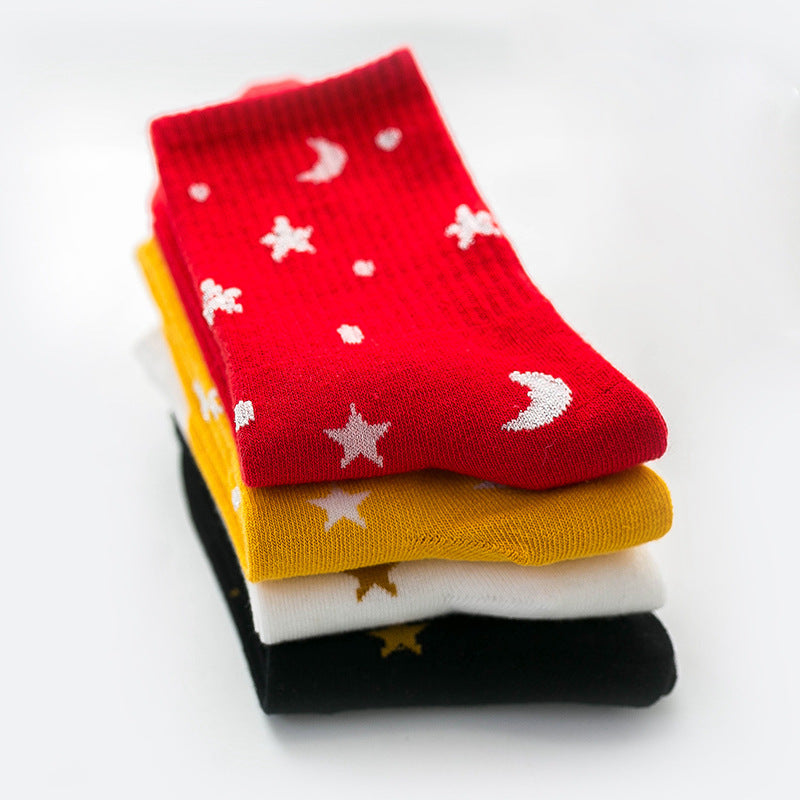 Stilvolle Damensocken aus silberner Seide mit Mond und Stern