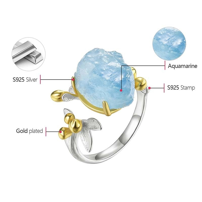 Natural Aquamarine Flower Adjustable Ring - Dazpy