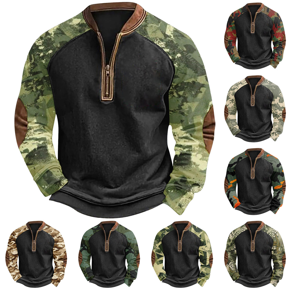 Bedruckter Camouflage-Pullover mit halbem Reißverschluss