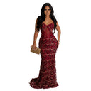 Vestido lencero asimétrico de malla con lentejuelas y flecos para mujer