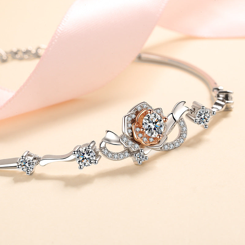 A Rose Bracelet Female S925 Silver Bracelet Inlaid Moissanite Bracelet - Dazpy