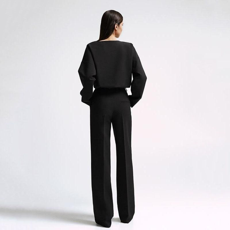 Elegant Two-Piece Office Suit with Long Sleeve Top and Wide-Leg Pants