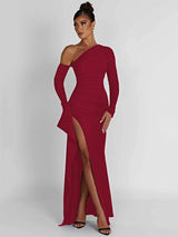 Vestido largo elegante con hombros oblicuos y abertura hasta el muslo: bodycon sin mangas y sin espalda para fiestas nocturnas