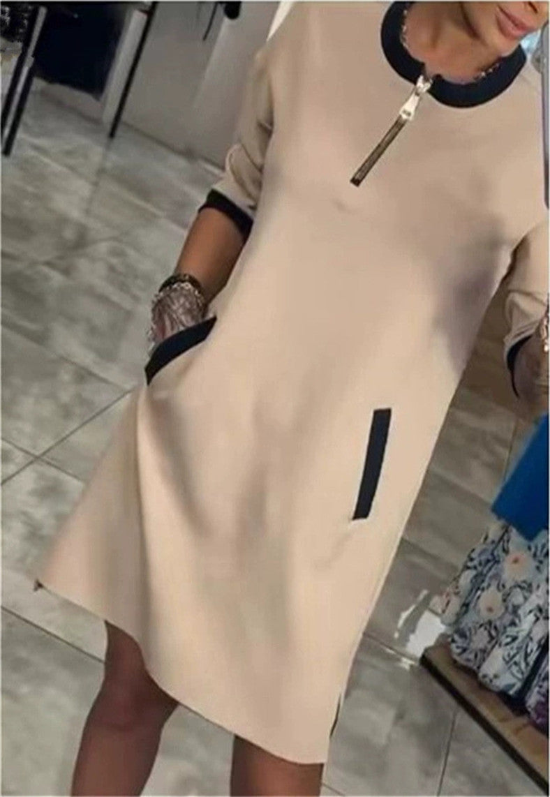 Vestido midi de mujer con cuello redondo y bolsillo con cremallera