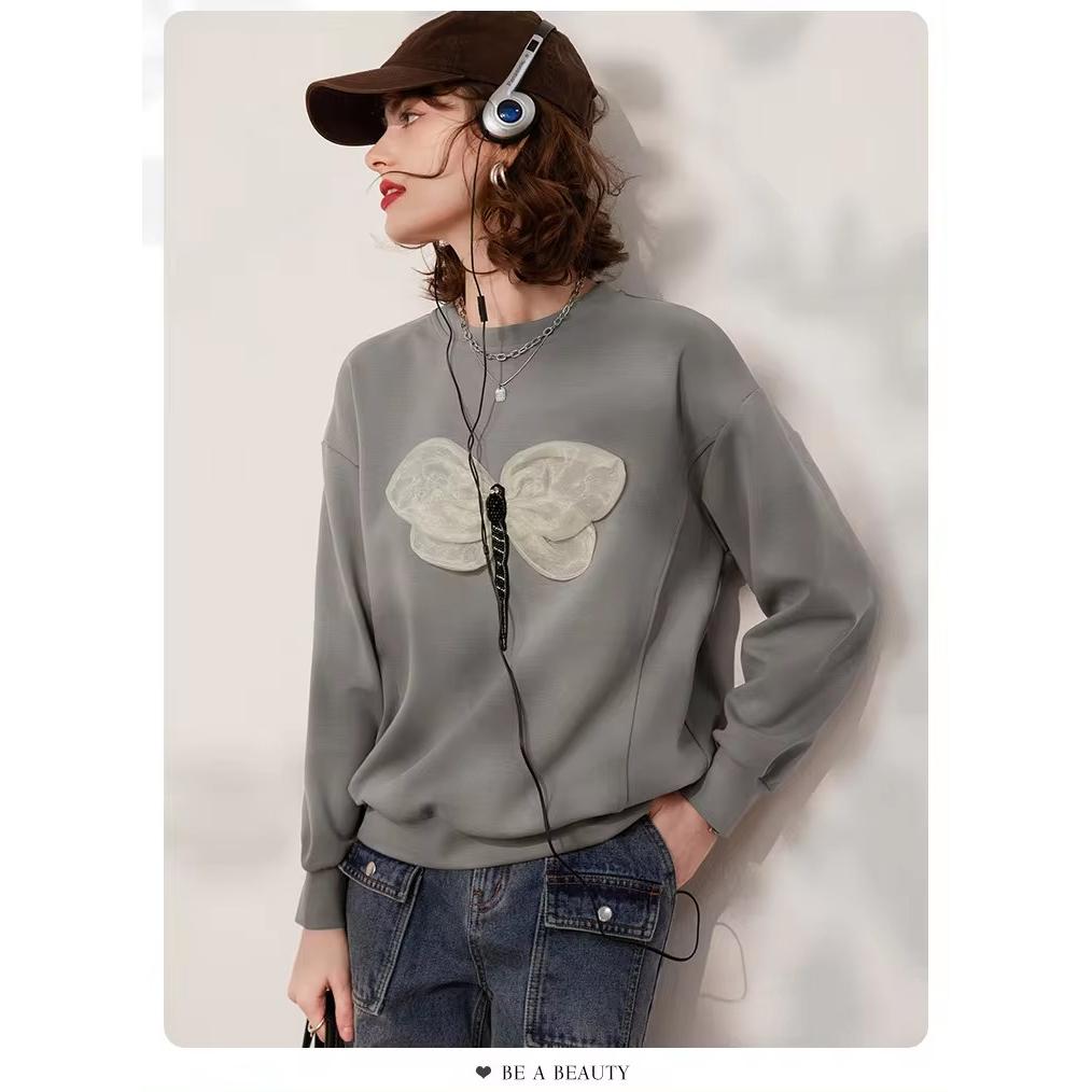 Frühlings-Langarm-Sweatshirt mit 3D-Libellen-Dekoration