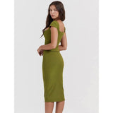 Green Sexy Women Two Piece Set - Square Collar Short Sleeve Tops And Midi Skirt Matching Sets