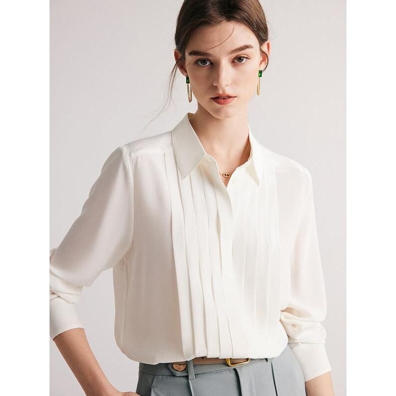 Elegante blusa blanca elegante de oficina de seda de morera