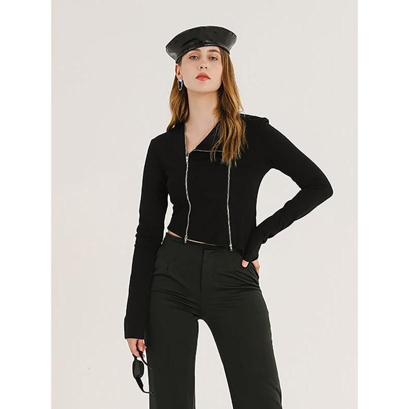 Women's Asymmetric Zipper Black Cardigan