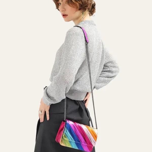 Colorful Striped Flap Handbag with Metal Chain