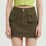 Green Denim High-Waist Pencil Skirt with Pockets