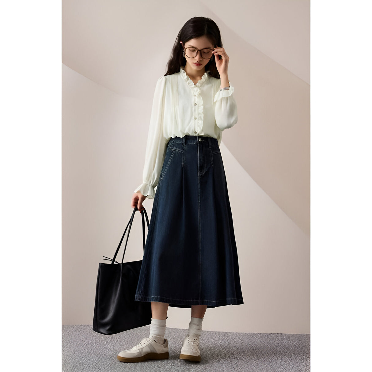 Cotton High Waist A-Line Retro Denim Skirt for Women