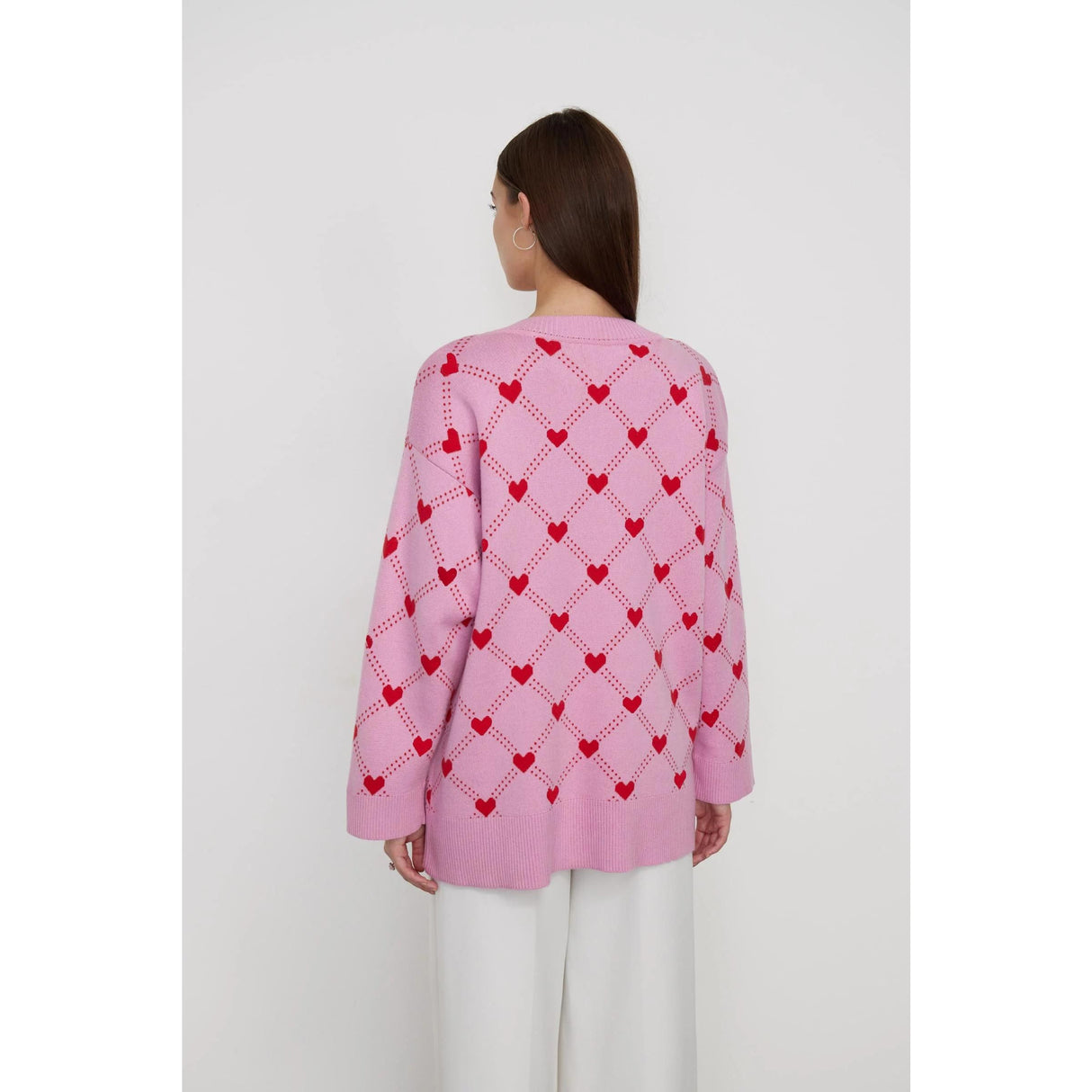 Cárdigan de punto extragrande con cuello de pico y estampado de corazones para mujer