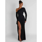 Chic Oblique Shoulder Thigh-High Split Maxi Dress - Sleeveless Backless Bodycon for Evening Parties