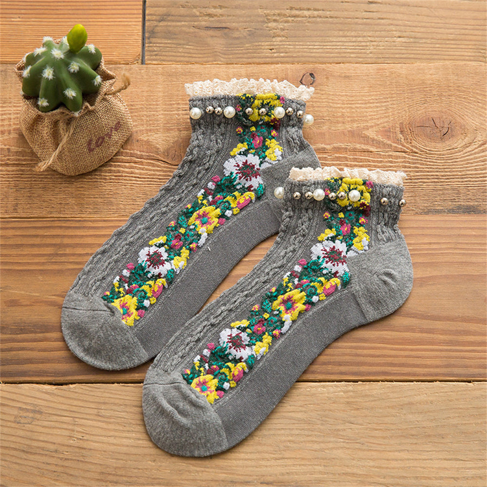 Retro Lolita Floral Pearl Ankle Socks