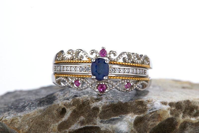 S925 Sterling Silver Inlaid Natural Sapphire Ring - Dazpy