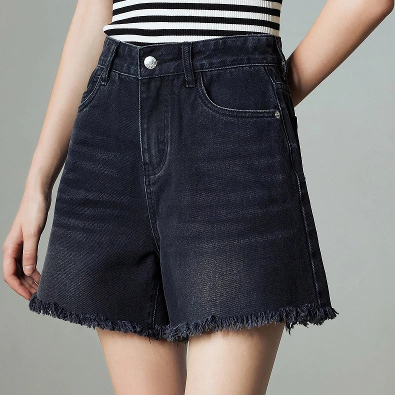 Shorts de mezclilla con borlas de cintura alta para mujer