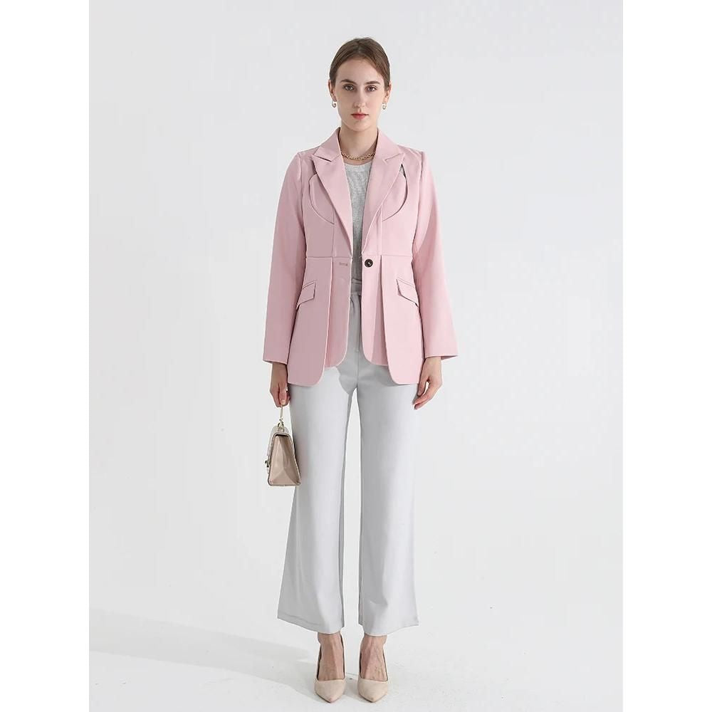 Women's Solid Color Blazer with Notched Collar and Unique Folds