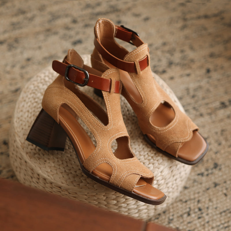 High Heel Gladiator Sandals - Genuine Leather Open Toe Buckle Shoes for Women