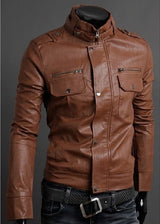 Fashionable Men's Stand Collar Motorcycle Leather Jacket