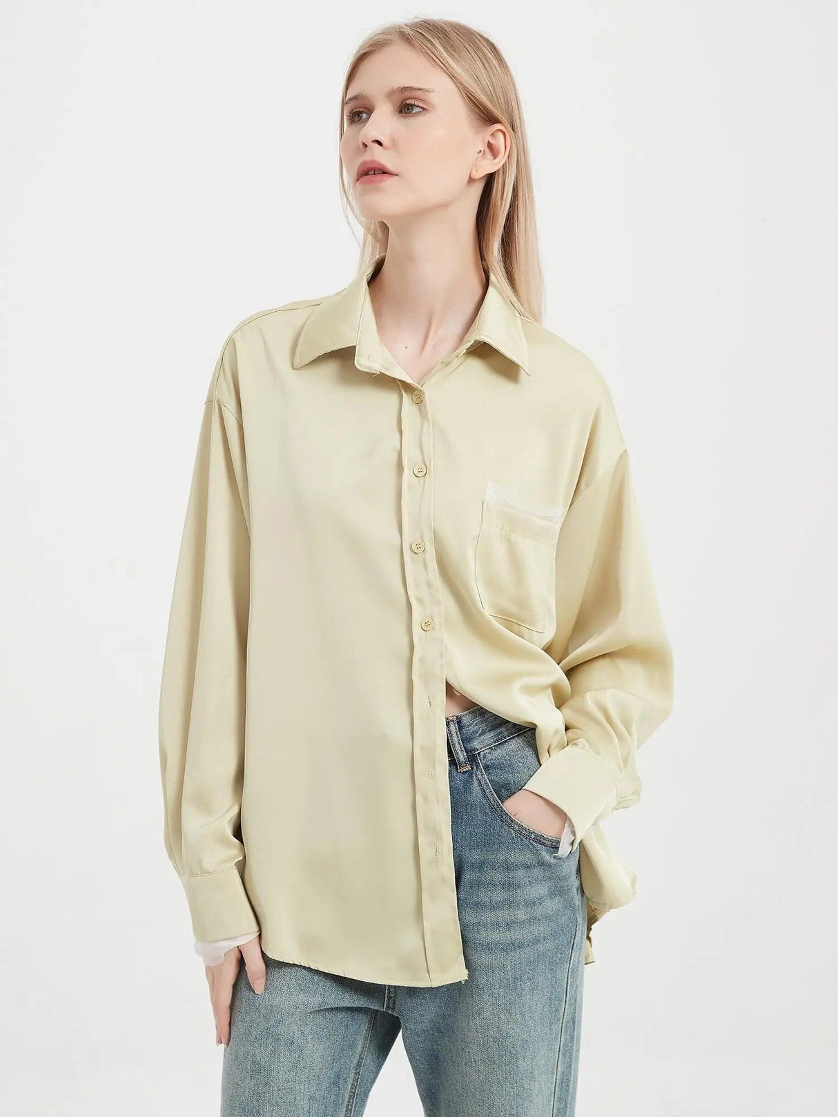 Blusa elegante de manga larga de seda satinada