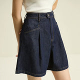 Dark Denim Blue High Waist Loose Shorts