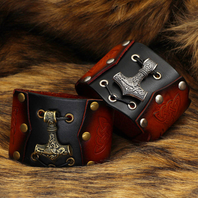 Nordic Viking Thunderbolt Hammer Cowhide Bracelet - Dazpy