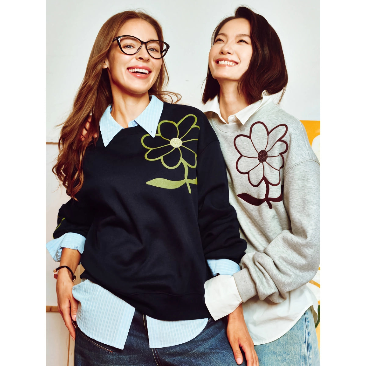 Suéter de cuello redondo con estampado floral para mujer: sudadera de polar acogedora