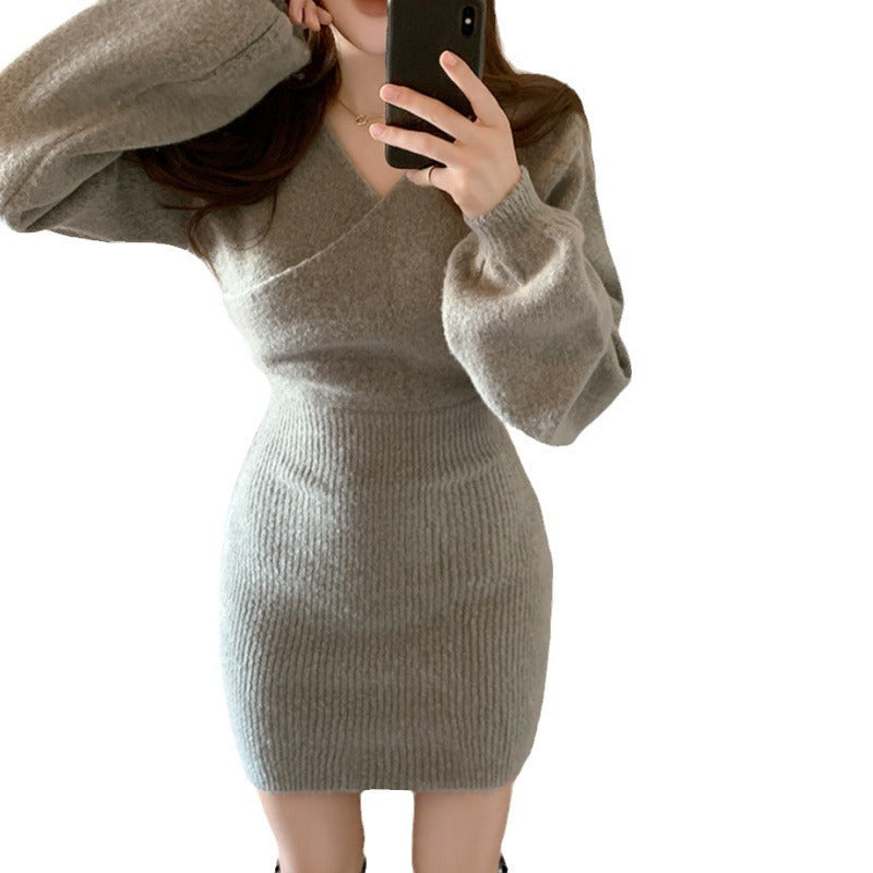 Cross V-neck Hip Women's Knitted Dress Sweater