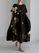 Printed Short-Sleeve Patchwork Midi Dress