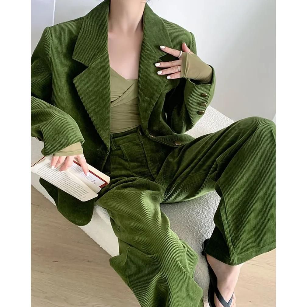 Vintage 2-Piece Wide-Leg Pants Suit with Single-Breasted Blazer