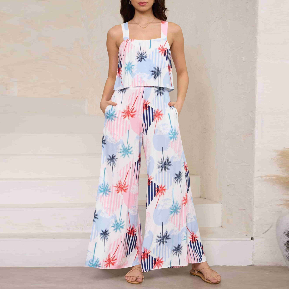 Schickes Paisley-Print-Jumpsuit mit weitem Bein und Straps-Top-Set – Damen Streetwear