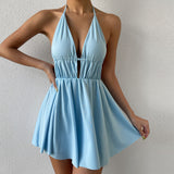 Blue Summer V-Neck Halter Mini Dress - Sexy Evening Clubwear