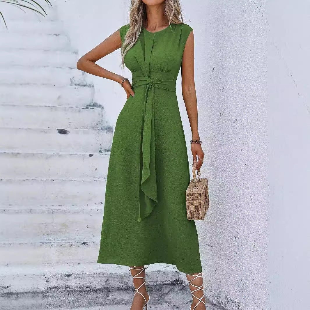 Solid Color Waist Tight Tied Dress Women