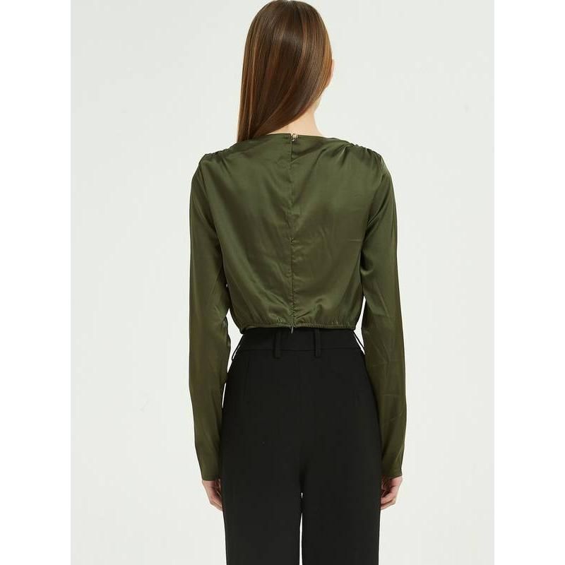 Blusa de manga larga de gasa de seda verde elegante