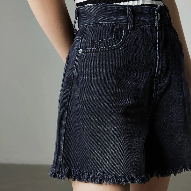 Jeansshorts mit hoher Taille und Quasten für Damen