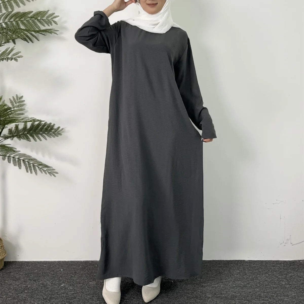 Neu Frauen Kleid Reine Rundhals Lange Hemd Elegante