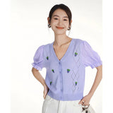 Summer Puff Sleeve V-Neck Knit T-Shirt with Grape Embroidery