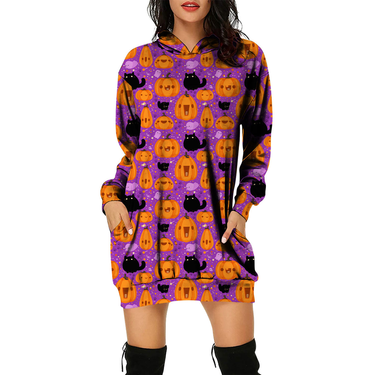 Pulloverkleid mit Kapuze für Damen mit Halloween-Motiv