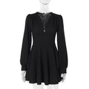 Women's Long-Sleeve Pleated V-Neck Mini Dress