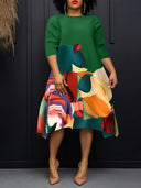 Women's Abstract-Print Three-Quarter-Sleeve Midi Dress