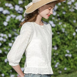 Elegante blusa de manga abullonada de algodón blanco estilo francés