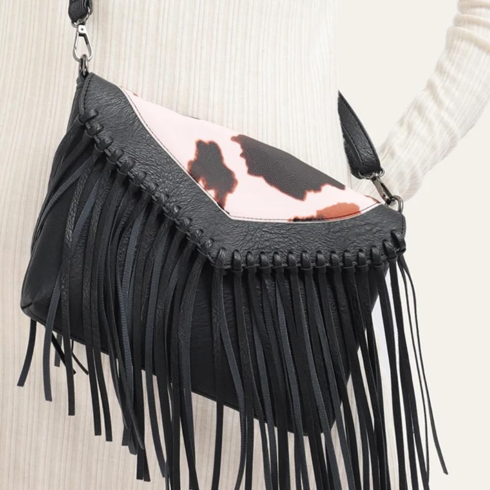 Bohemian Animal Print Crossbody Bag with Tassel Fringe