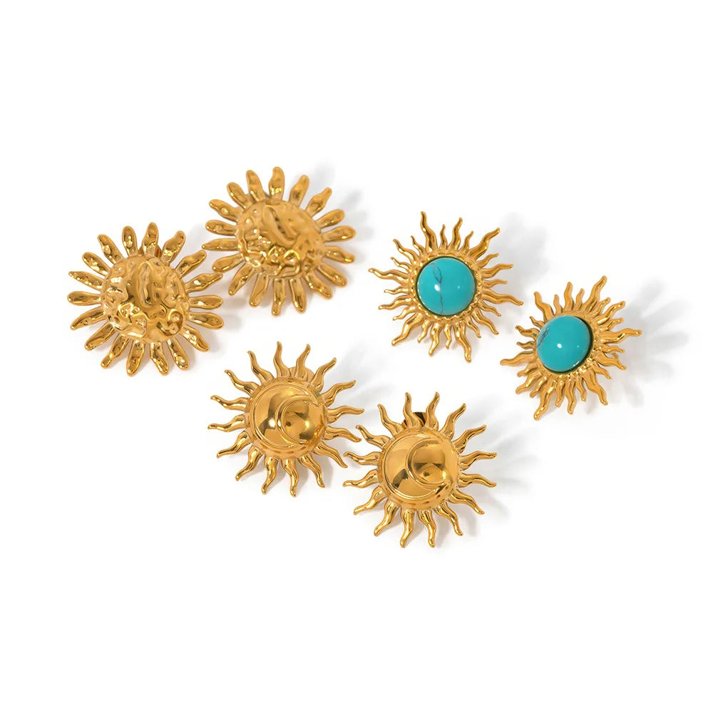 Gold Plated Turquoise Inlay Sunflower Dangle Earrings