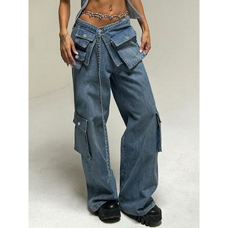 High-Waisted Baggy Jeans with Lace-Up Cargo Pockets