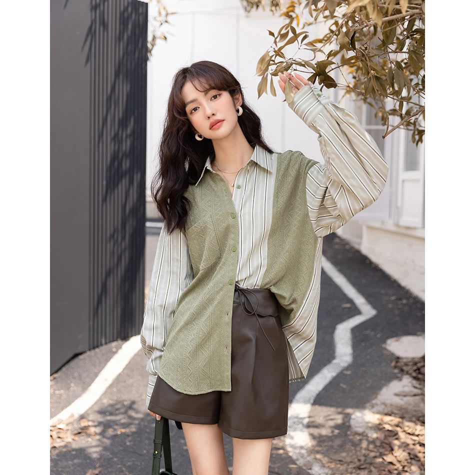 Blusa informal de cuello vuelto a rayas con retazos de punto coreano de otoño para mujer