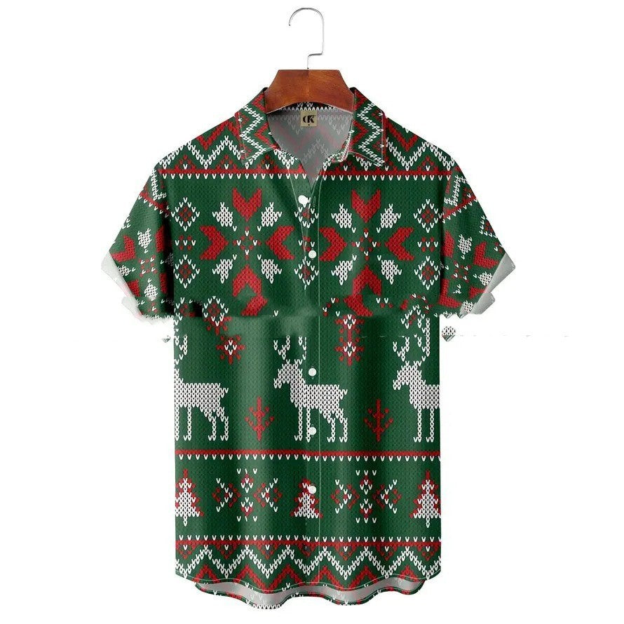 Men's Lapel Basic Holiday Printed Short-sleeved Shirt