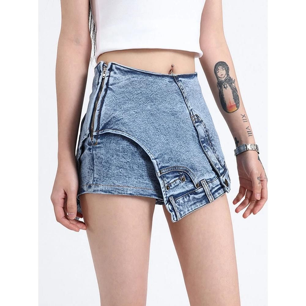 Shorts de mezclilla con patchwork de cintura alta para mujer