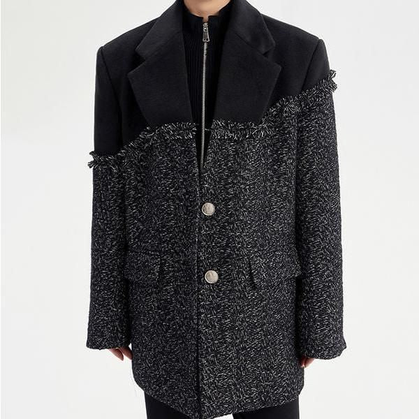 Black Tweed Woolen Coat Parkas