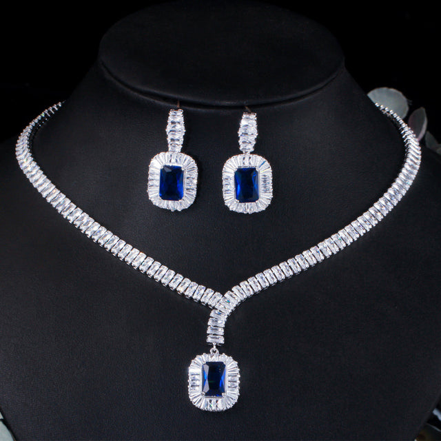 Platinum Zircon Earrings Necklace Set - Dazpy